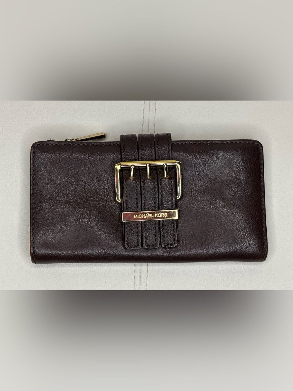 Michael Kors Gansevoort Flap Snap Wallet in dark brown pebbled leather
